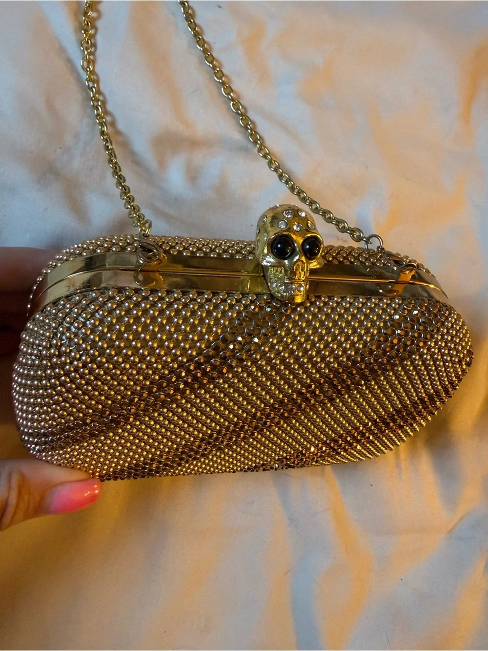 Gold Crystal Skull Evening Clutch with Chain Strap
